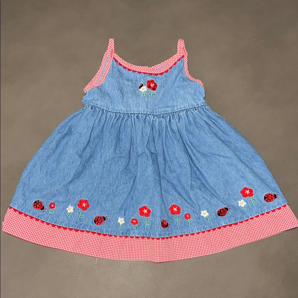 Vintage 90s Ladybug And Floral Denim Dress - Red Gingham Scalloped Trim